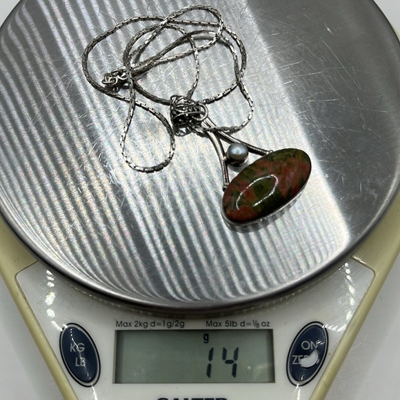 Vintage Large Green Orange Unakite Jasper Pearl Sterling Silver Necklace Pendant - Picture 13 of 13